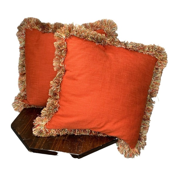 Set of two square cotton terracotta down pillows with multi‎ fringe trim 18”. - Picture 2 of 5